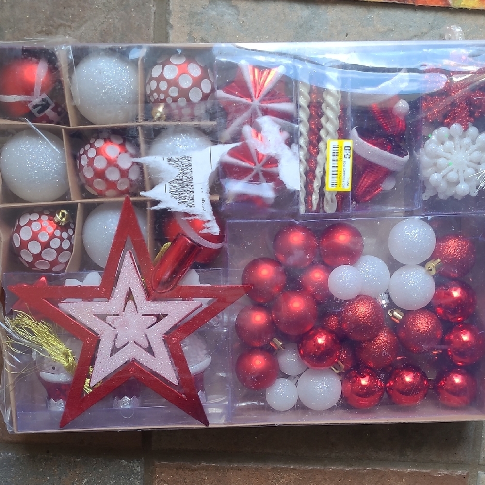 New! Red and White Christmas Assorted Shatterproof Ornaments Box Set of 80